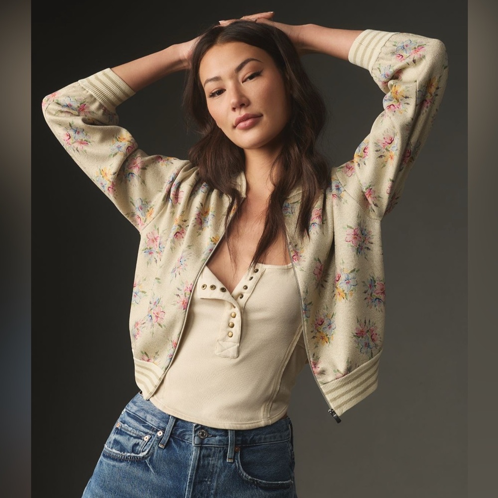 Maeve {Anthropologie} lurex floral printed knit bomber jacket - size L BNWT 🌸